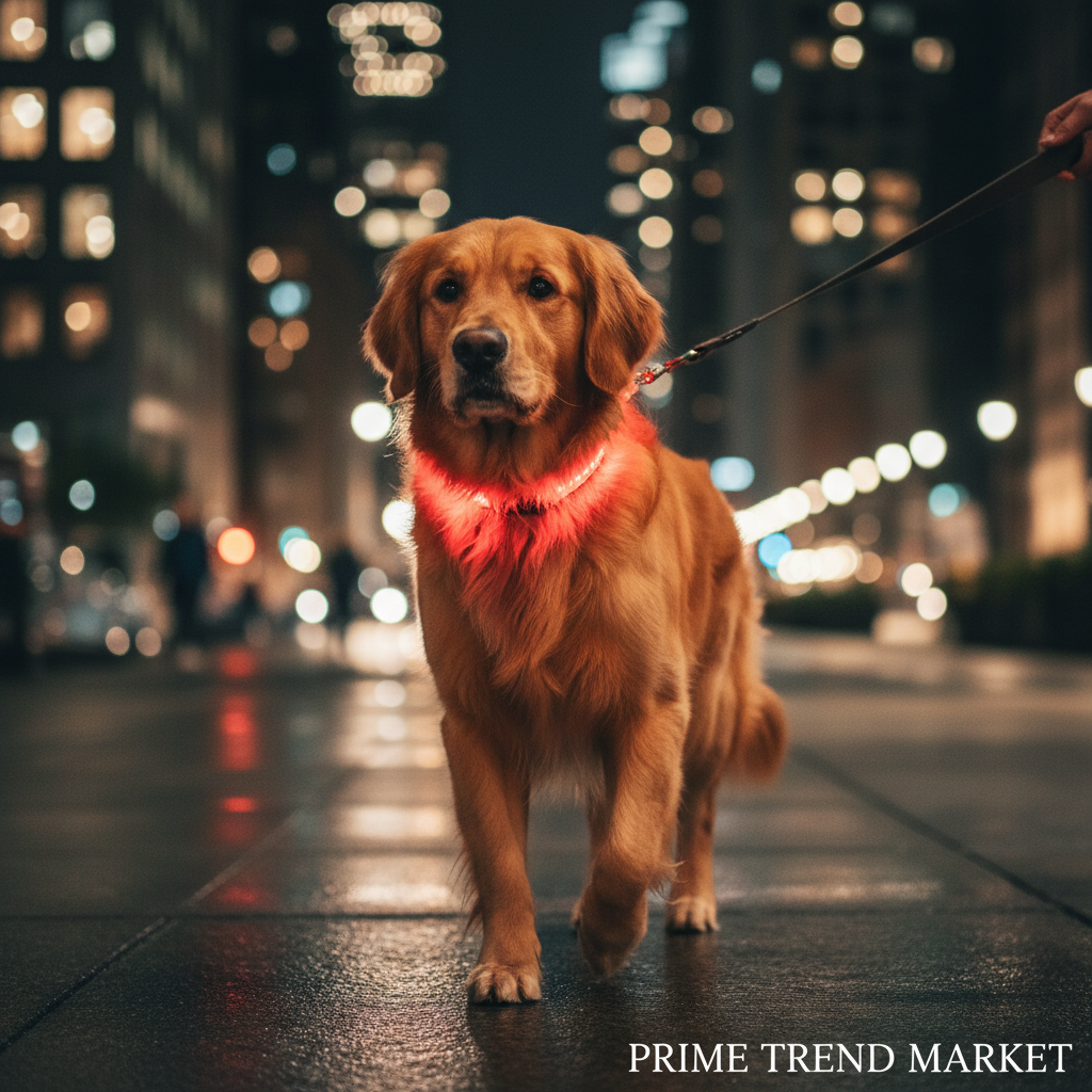Golden Retriever with Red LED Collar Night Walk