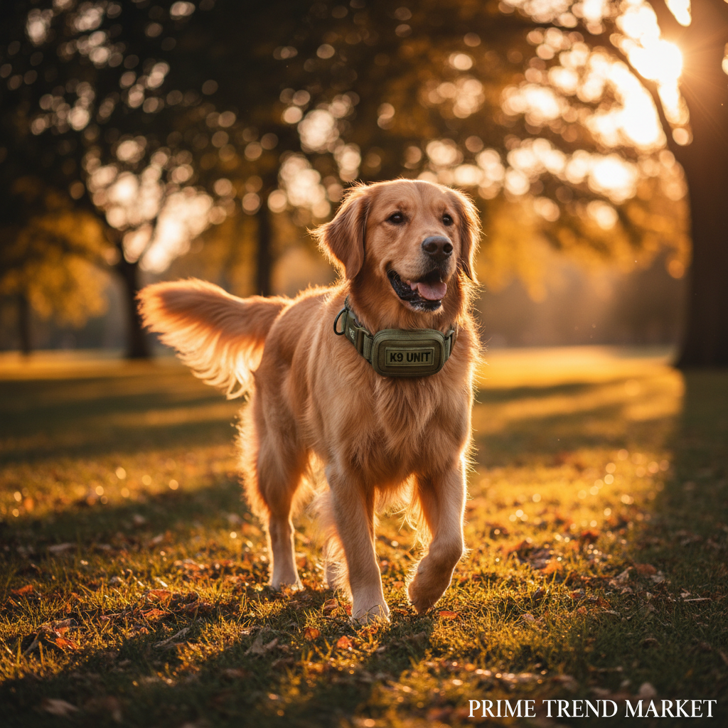 Golden Retriever with Tactical Green AirTag Sleeve
