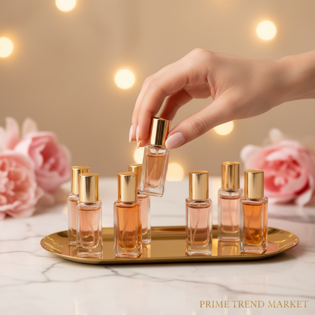 Hand picking up mini bottle from marble vanity
