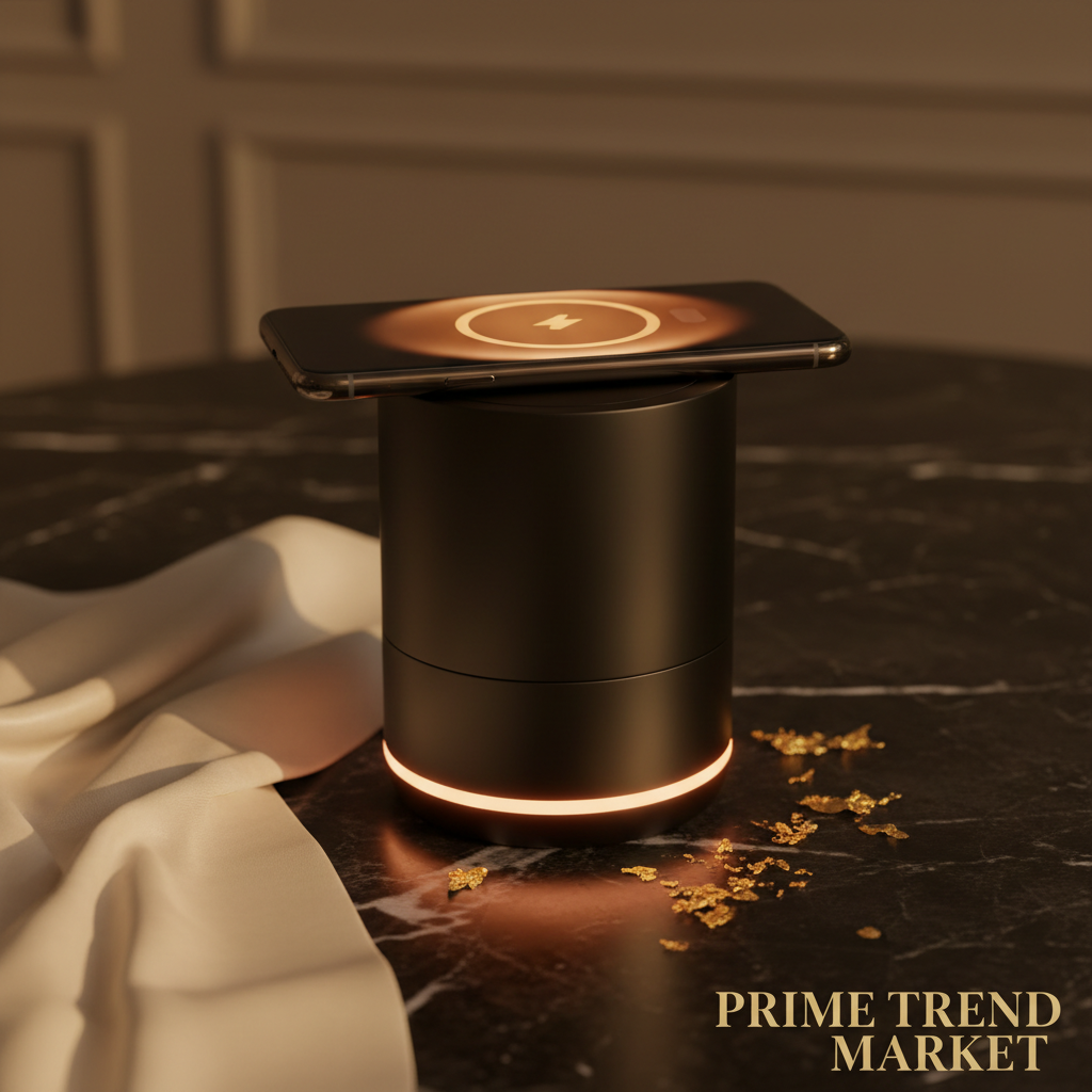 Hero — Black Speaker + Phone Charging on Dark Marble