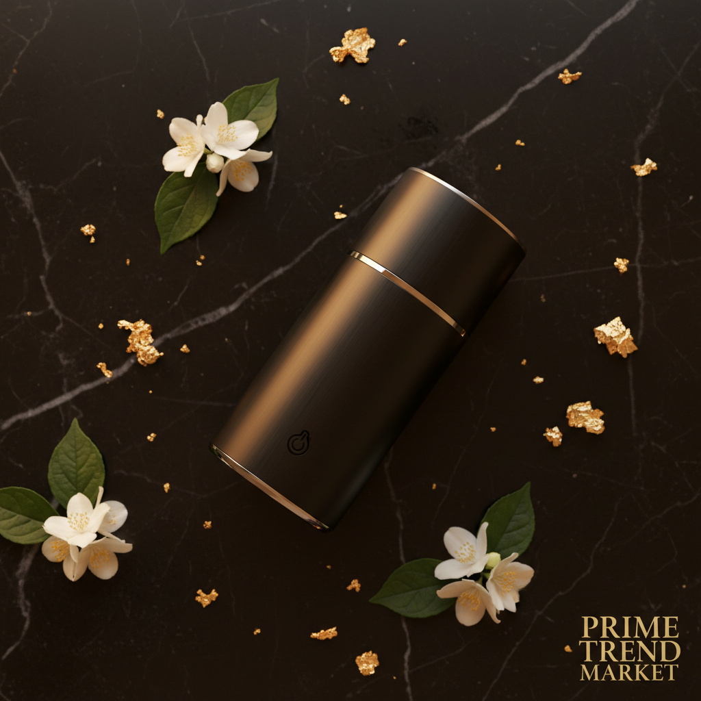 Top-down flat lay of black car ozone purifier on black marble with gold leaf and jasmine - Prime Trend Market