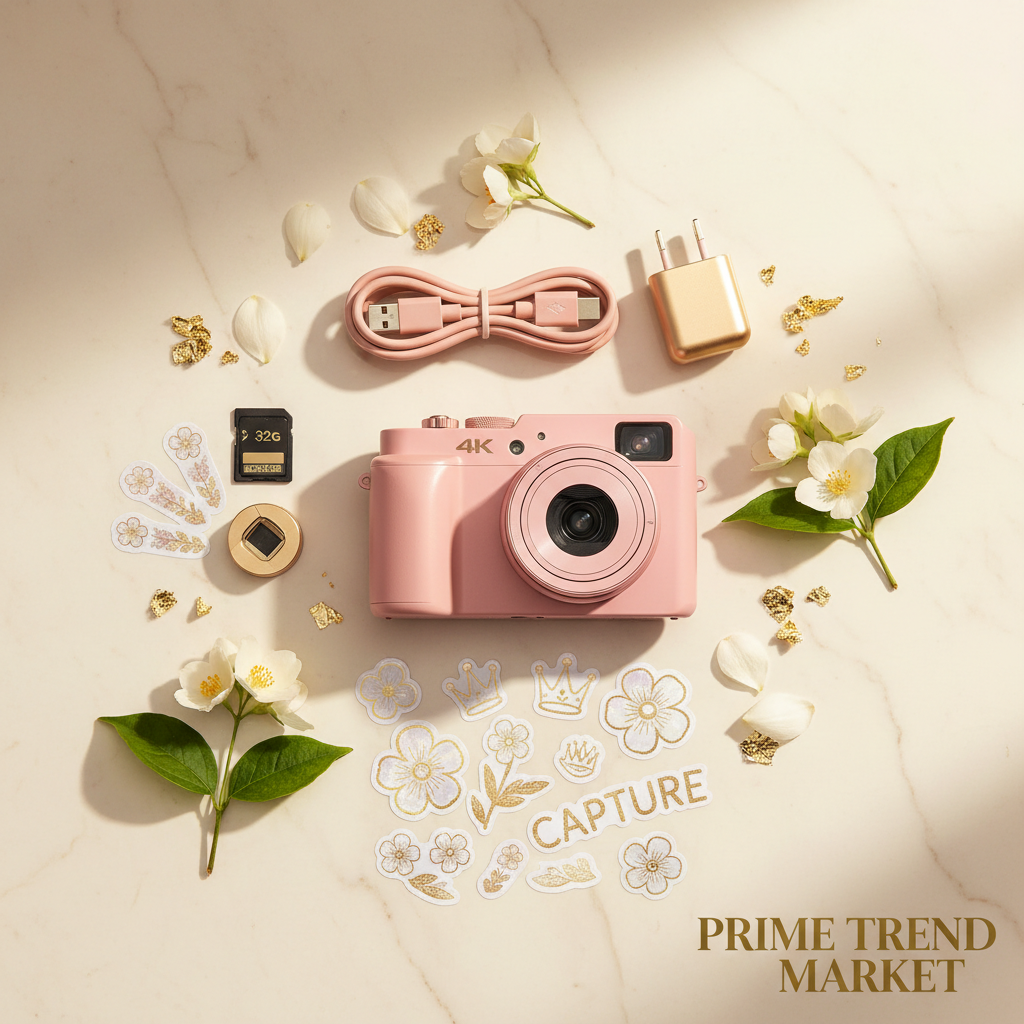 SnapShot pink camera accessories flat lay on cream marble
