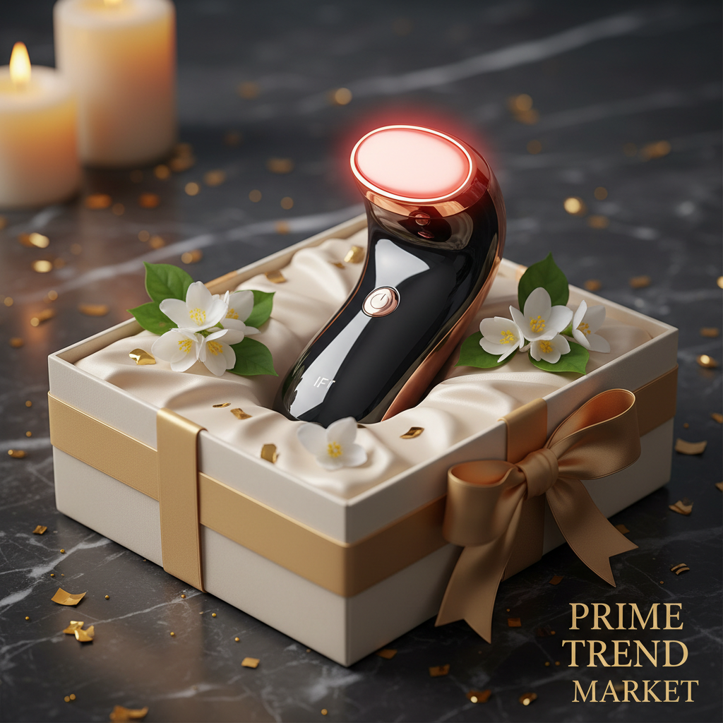 IFT Red Light Face & Neck Lifting Massager in cream satin gift box with gold ribbon