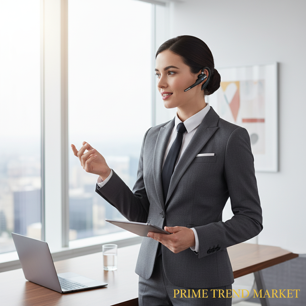 Business executive wearing Bluetooth earpiece on call — Prime Trend Market