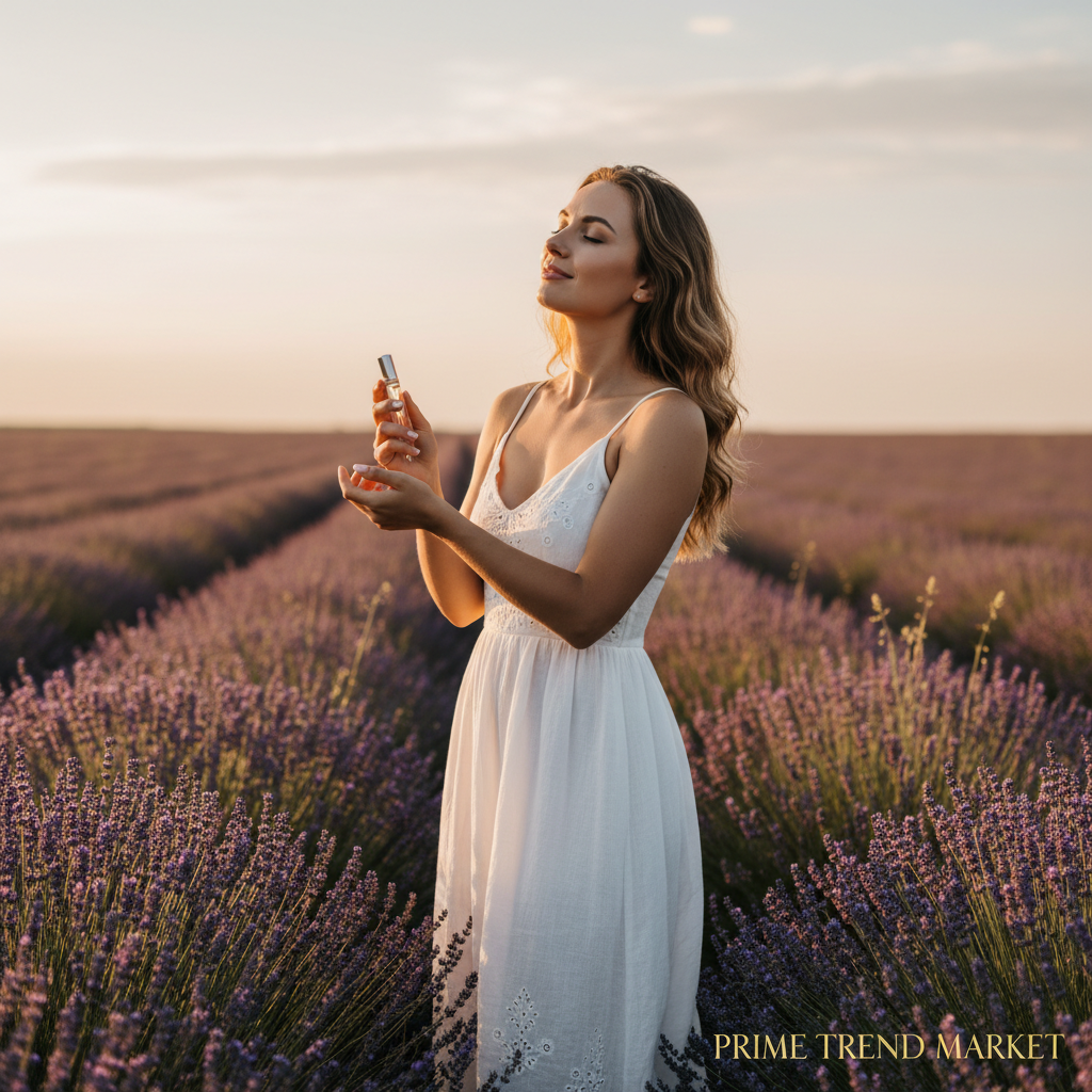 Elegant woman in lavender field rolling EELHOE Floral Perfume on wrist - Prime Trend Market