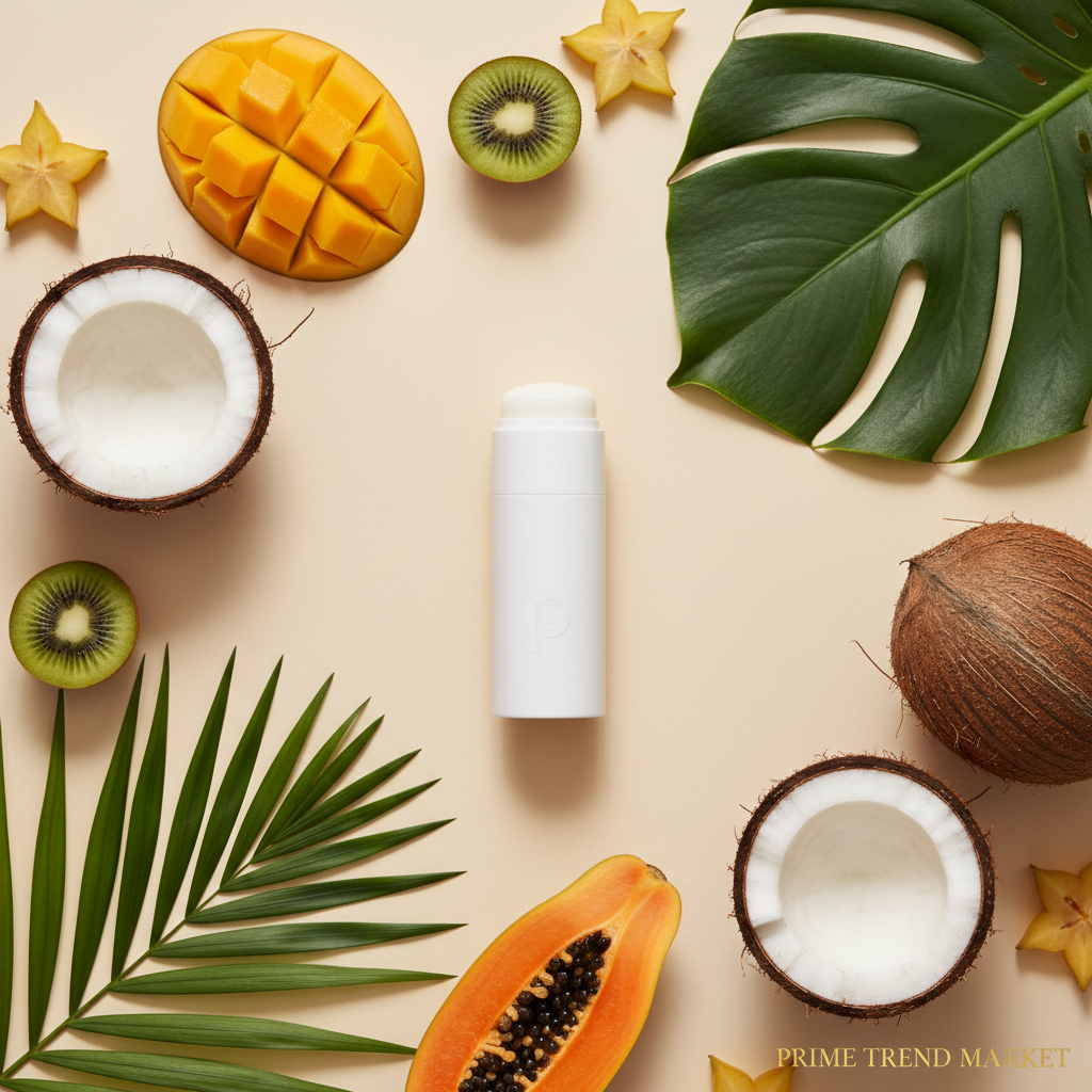Solid balm sticks tropical fruit flatlay