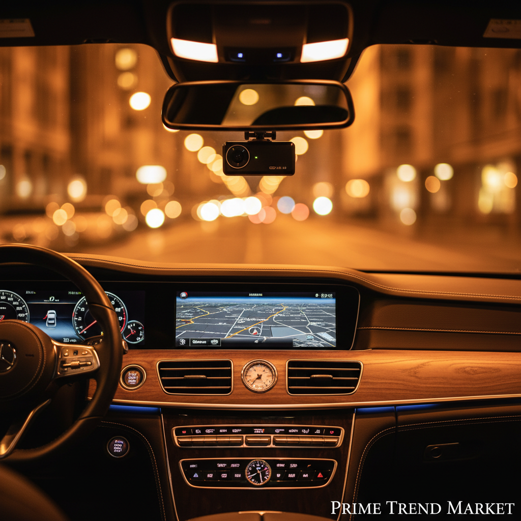 DashShot mounted on luxury car windshield at night