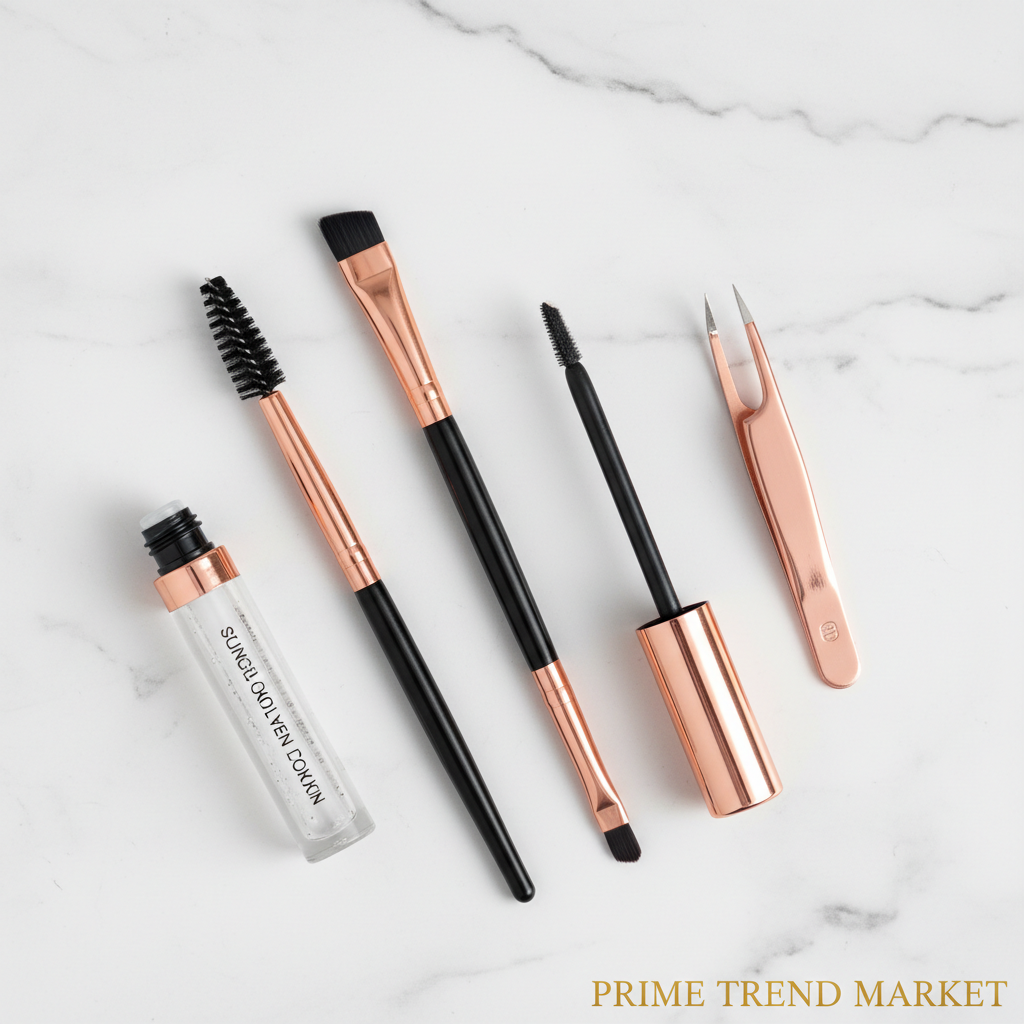 Eyebrow brush kit flat lay on marble