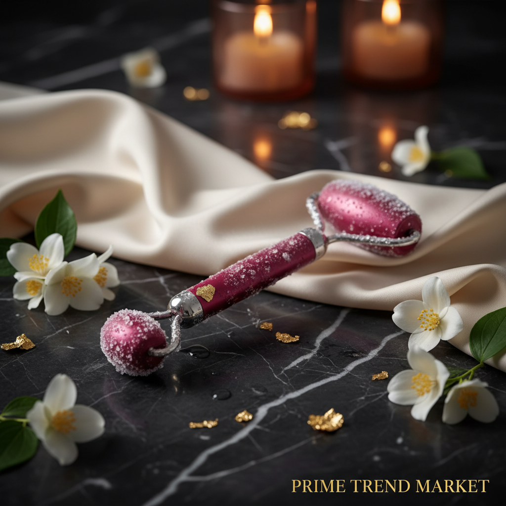 Luxury Facial Ice Roller hero shot on dark marble with jasmine flowers and ice crystals