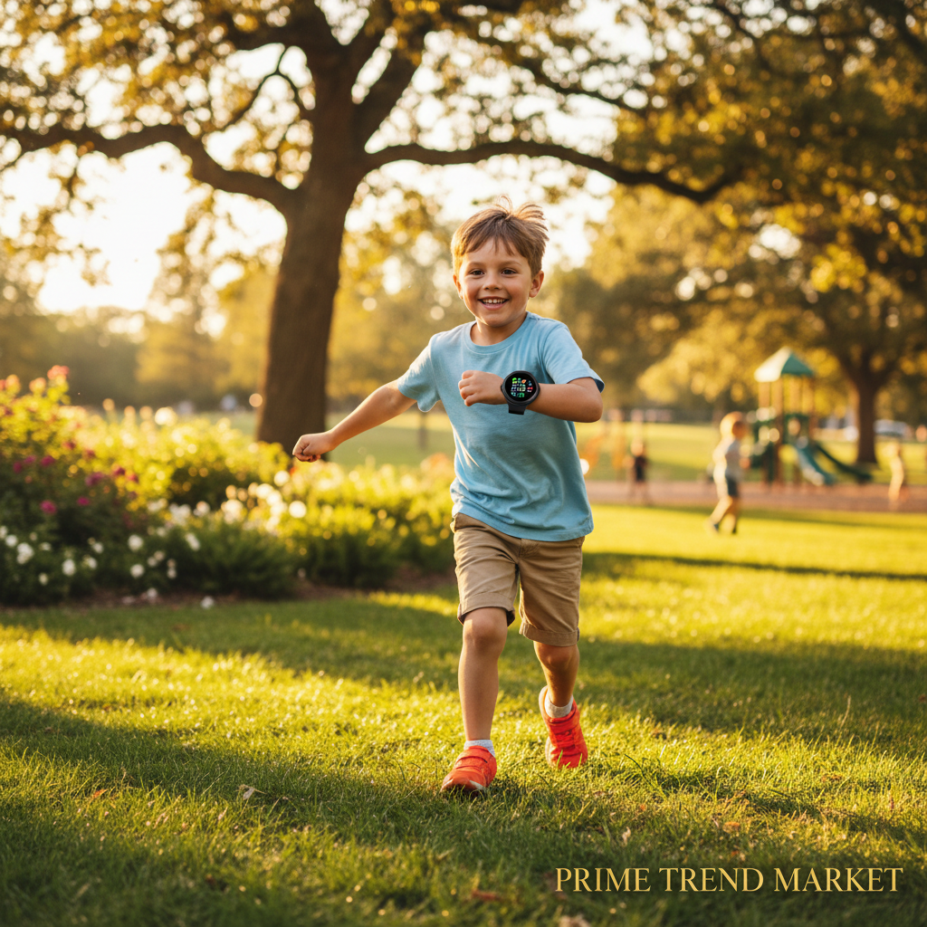 Happy child wearing K1 kids smart watch running in sunny park