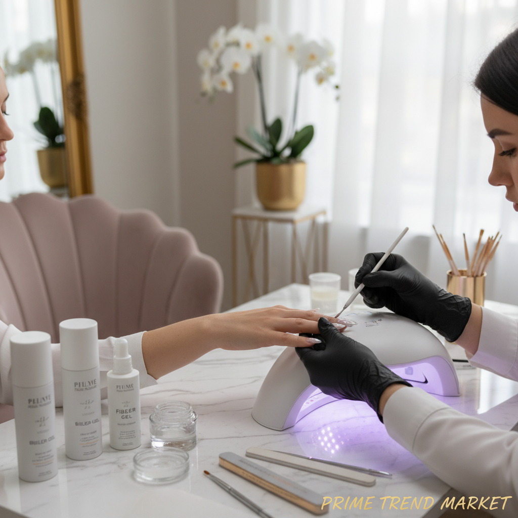 Woman sculpting gel nail extensions at home nail station with UV lamp