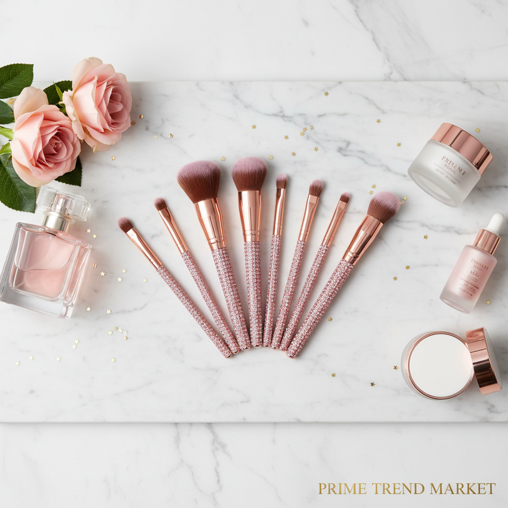 10-piece pink diamond inlaid makeup brush set fan arrangement with roses and skincare on marble