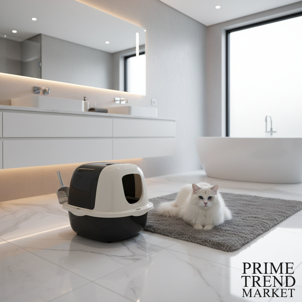 Premium cat litter box with shovel in luxurious minimalist home bathroom with white cat nearby