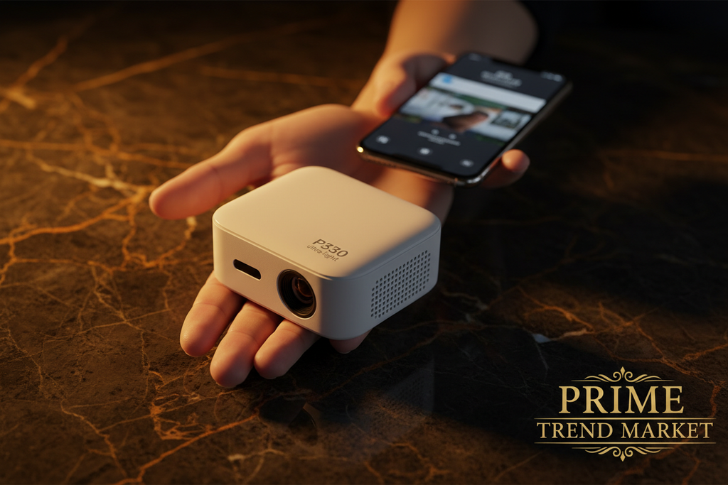 P330 Mini Projector size comparison held in hand next to smartphone — Prime Trend Market