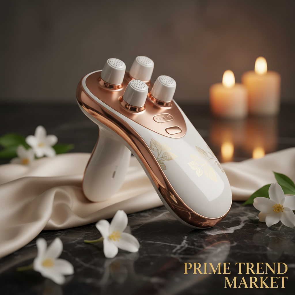 Luxury EMS Face Lift Facial Massager hero shot on dark marble with jasmine and gold leaf