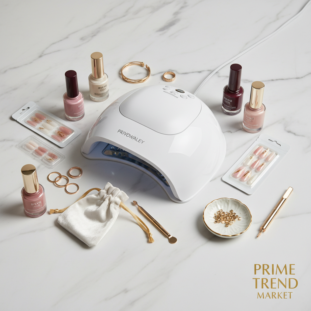 UV LED nail lamp flat lay on marble with nail polish and gold accessories
