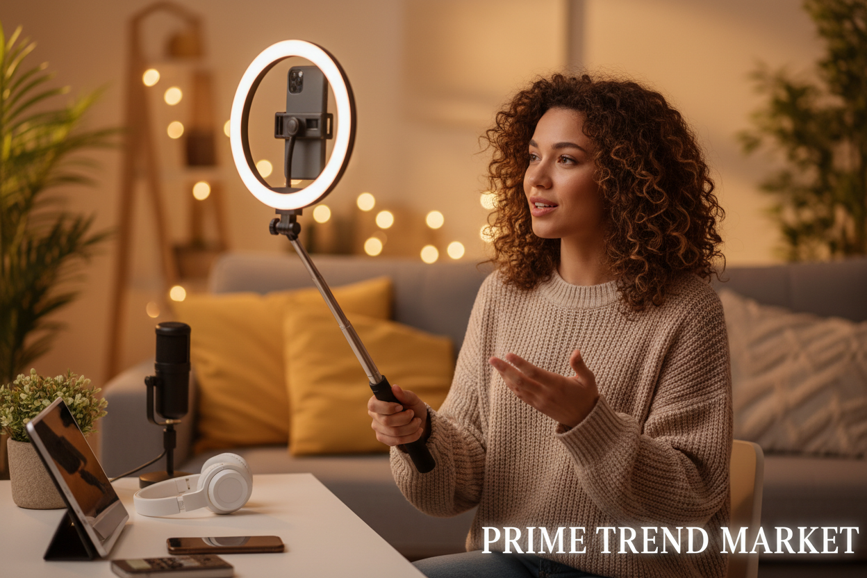 Content creator lifestyle shot with selfie stick tripod LED ring light — Prime Trend Market