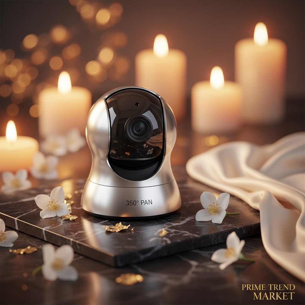 Silver smart PTZ security camera on black marble with jasmine flowers and gold accents — Prime Trend Market