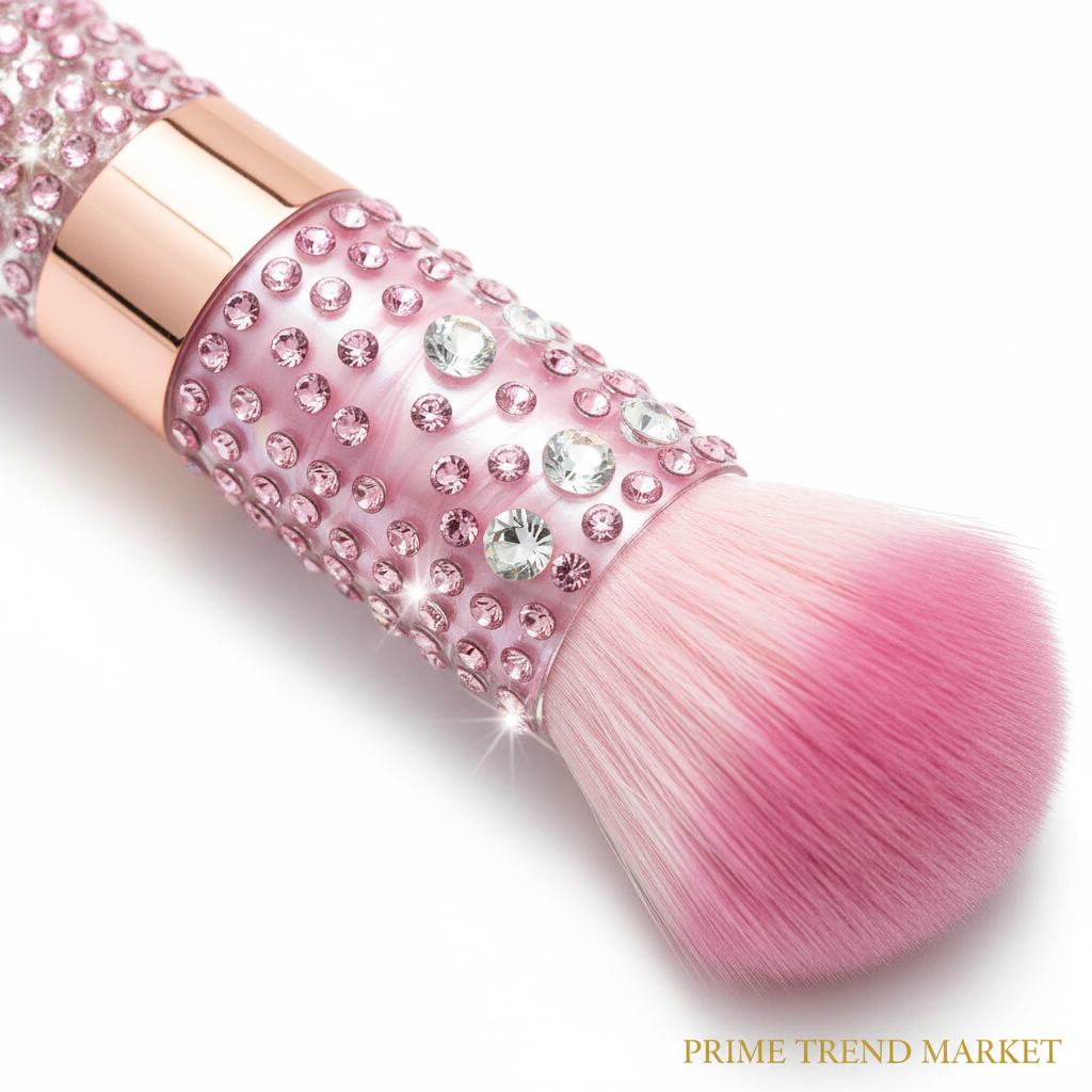 Close-up of pink diamond inlaid makeup brush with transparent acrylic handle and crystal embellishments