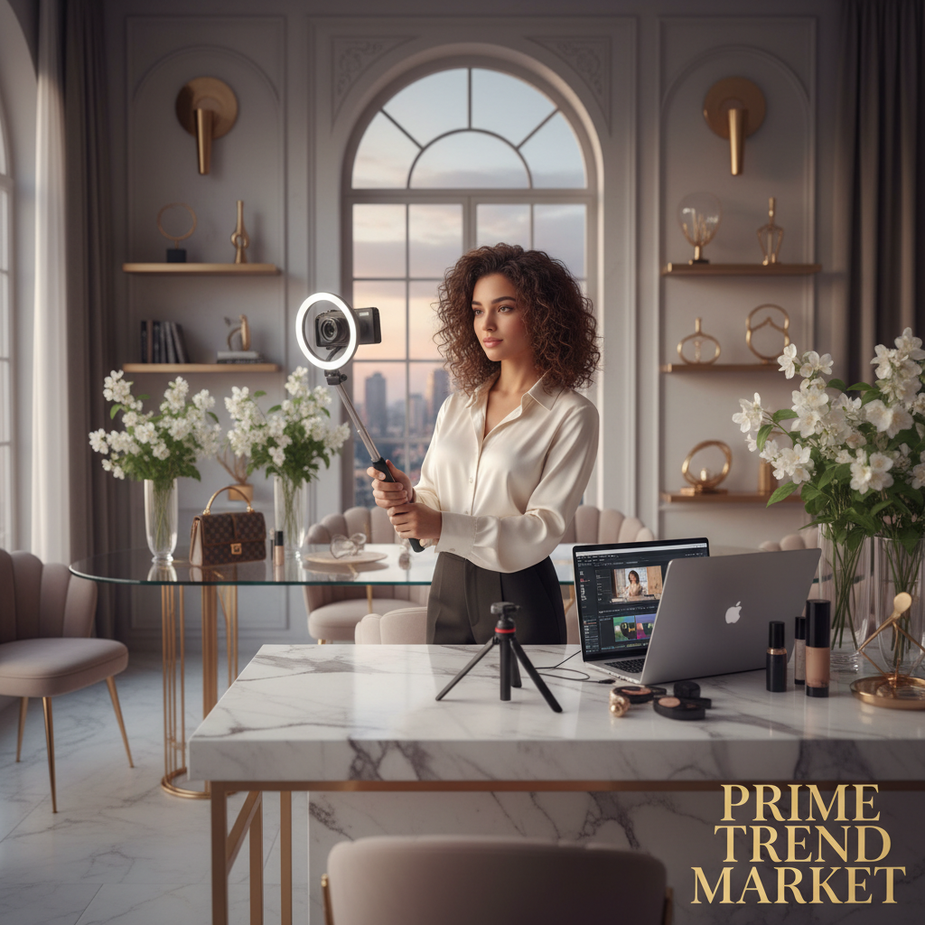 Content creator filming with 4K vlogging camera on selfie stick tripod in stylish studio with marble and gold accents