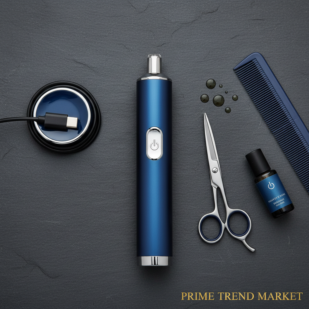 Blue electric nose beard hair trimmer dark slate stainless steel men grooming editorial flat lay