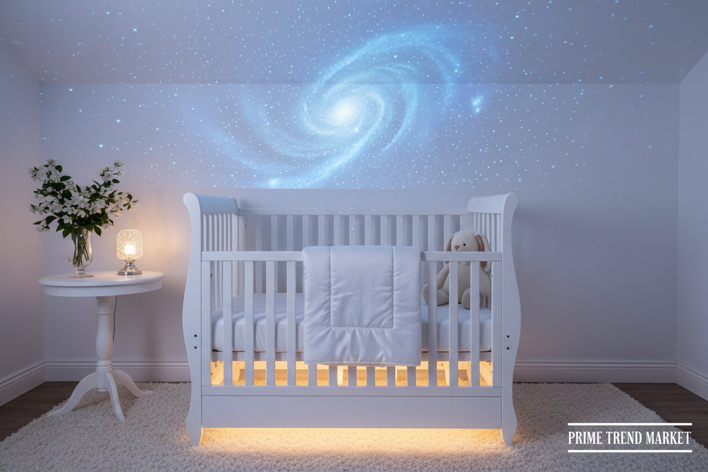 Luxury starry sky projector in baby nursery casting soft blue galaxy stars on white ceiling