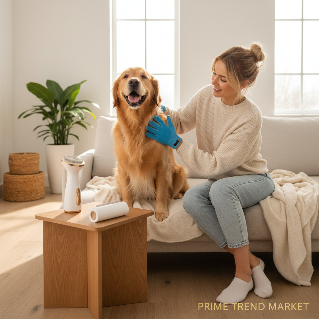 Woman grooming golden retriever with pet grooming gloves at home
