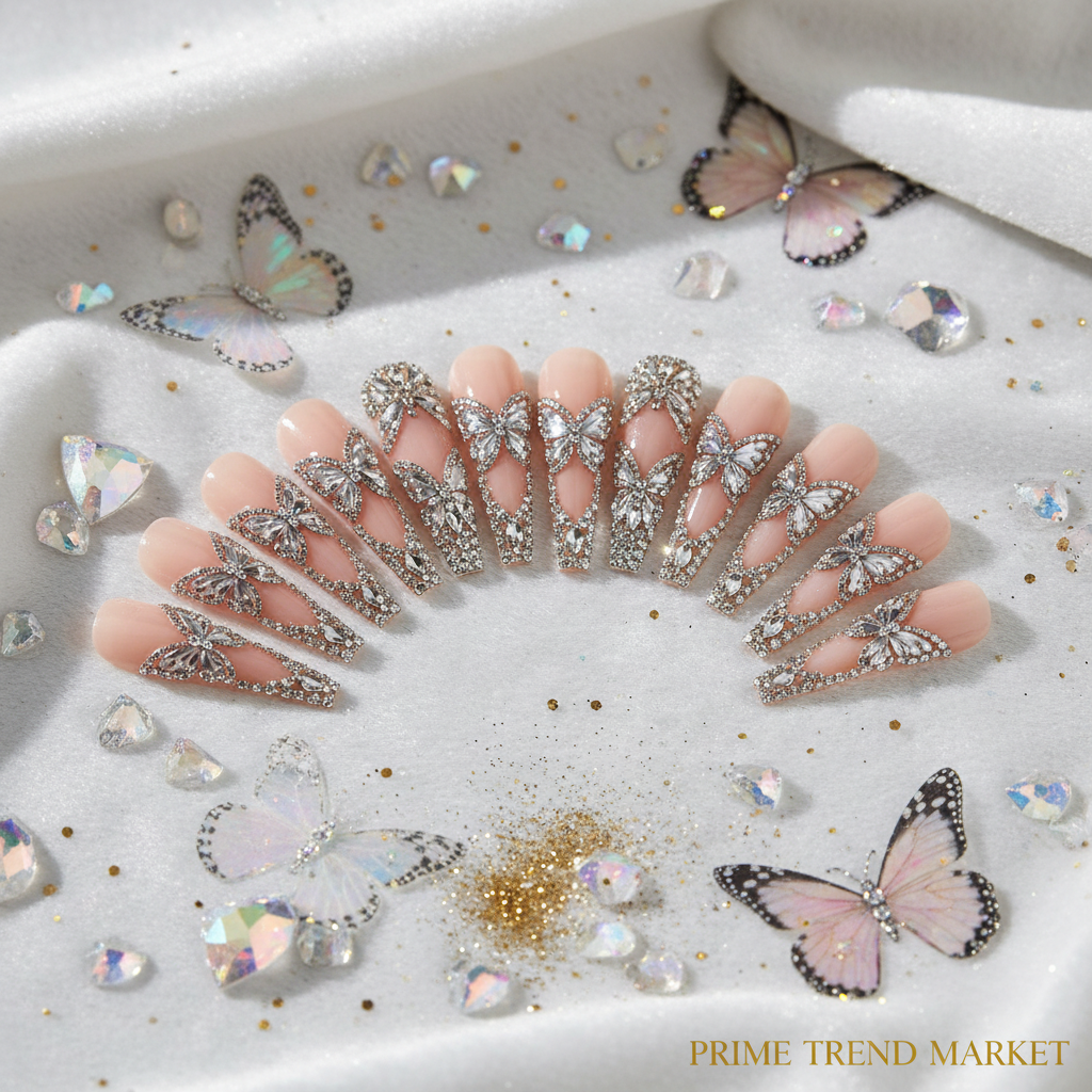 24pc diamond butterfly nail art press-on nails fan display on white velvet with rhinestone crystals and gold dust