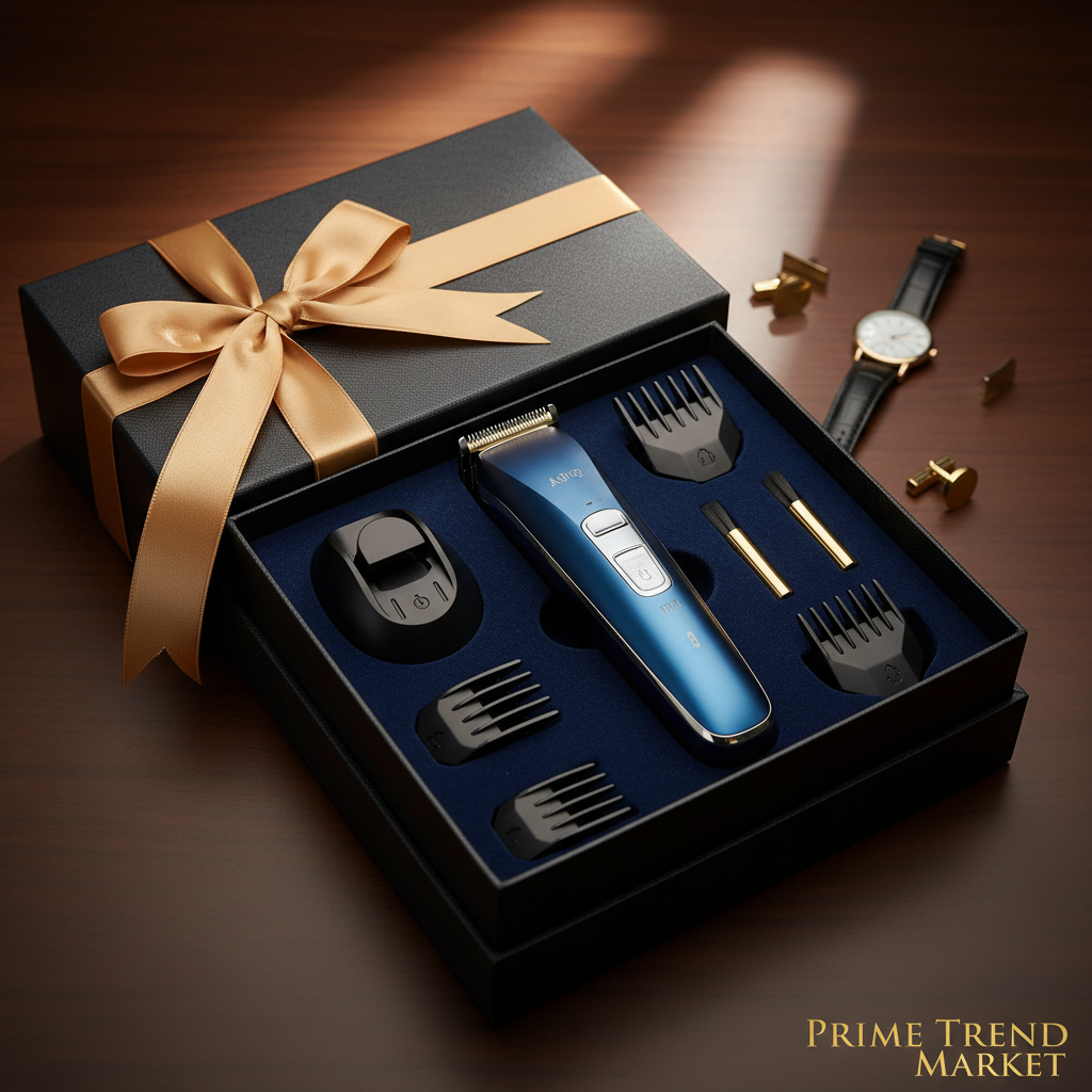 Men gift box blue electric grooming trimmer dark luxury packaging gold ribbon premium editorial