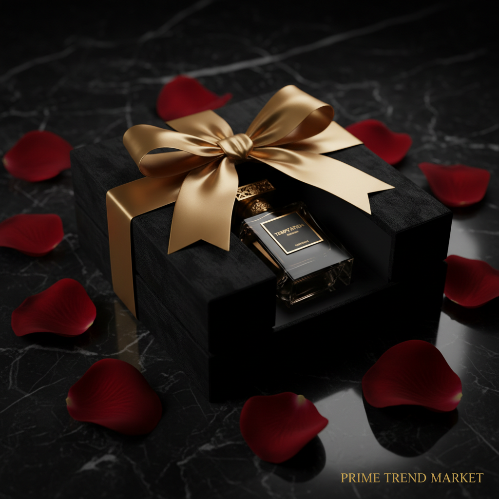 Temptation Niche Perfume in black gift box with gold ribbon on black marble - Prime Trend Market