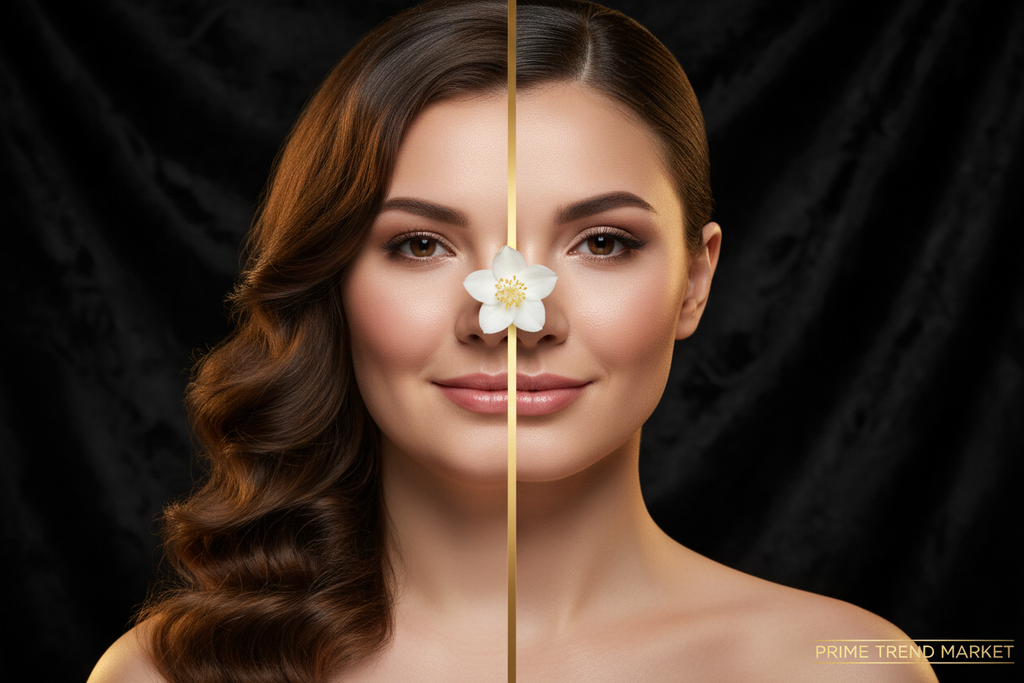 Before and after jawline transformation showing double chin vs sharp defined V-shape jawline