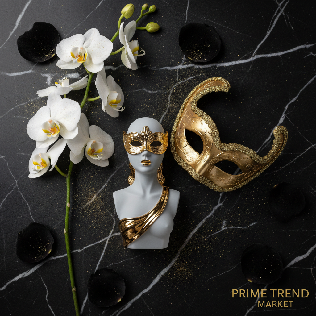 Masked Goddess perfume flat lay on black marble with venetian mask and orchids - Prime Trend Market