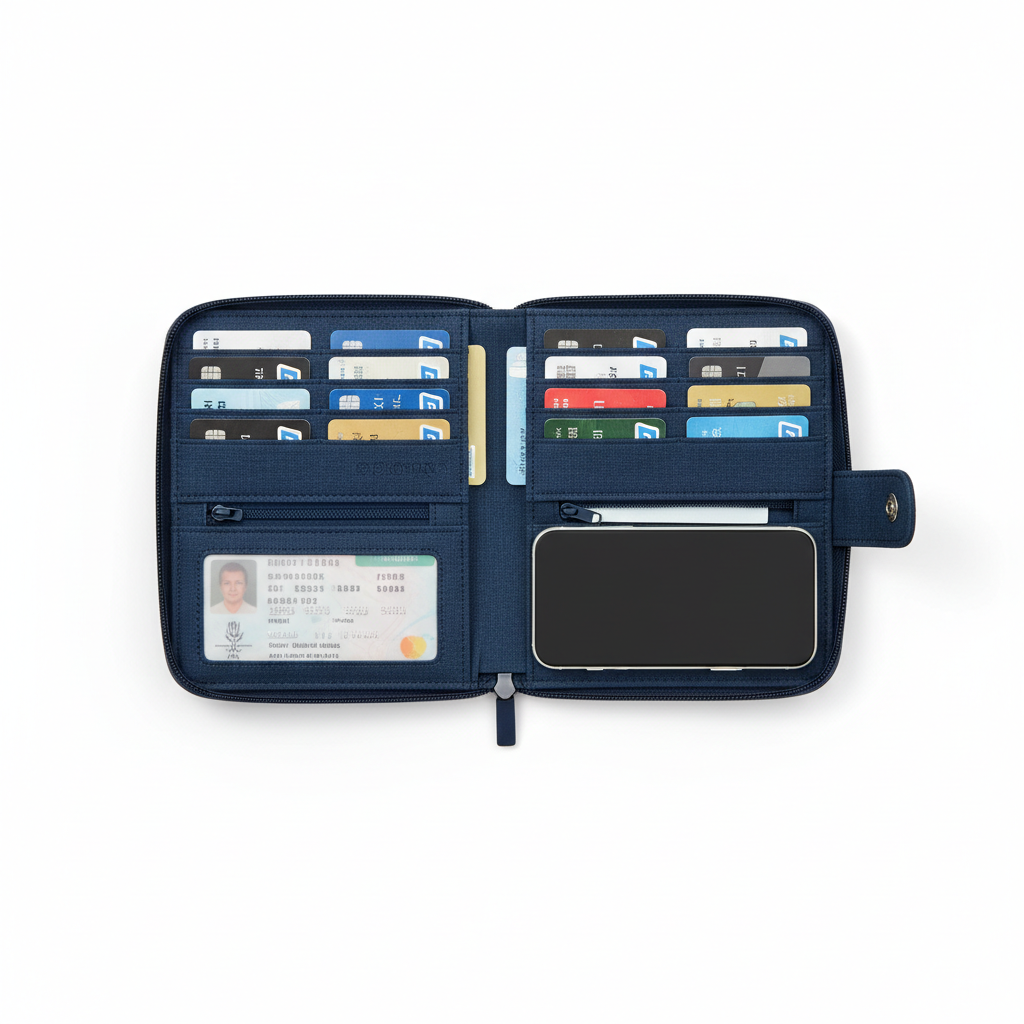 Passport wallet open showing 12 organized card slots and compartments