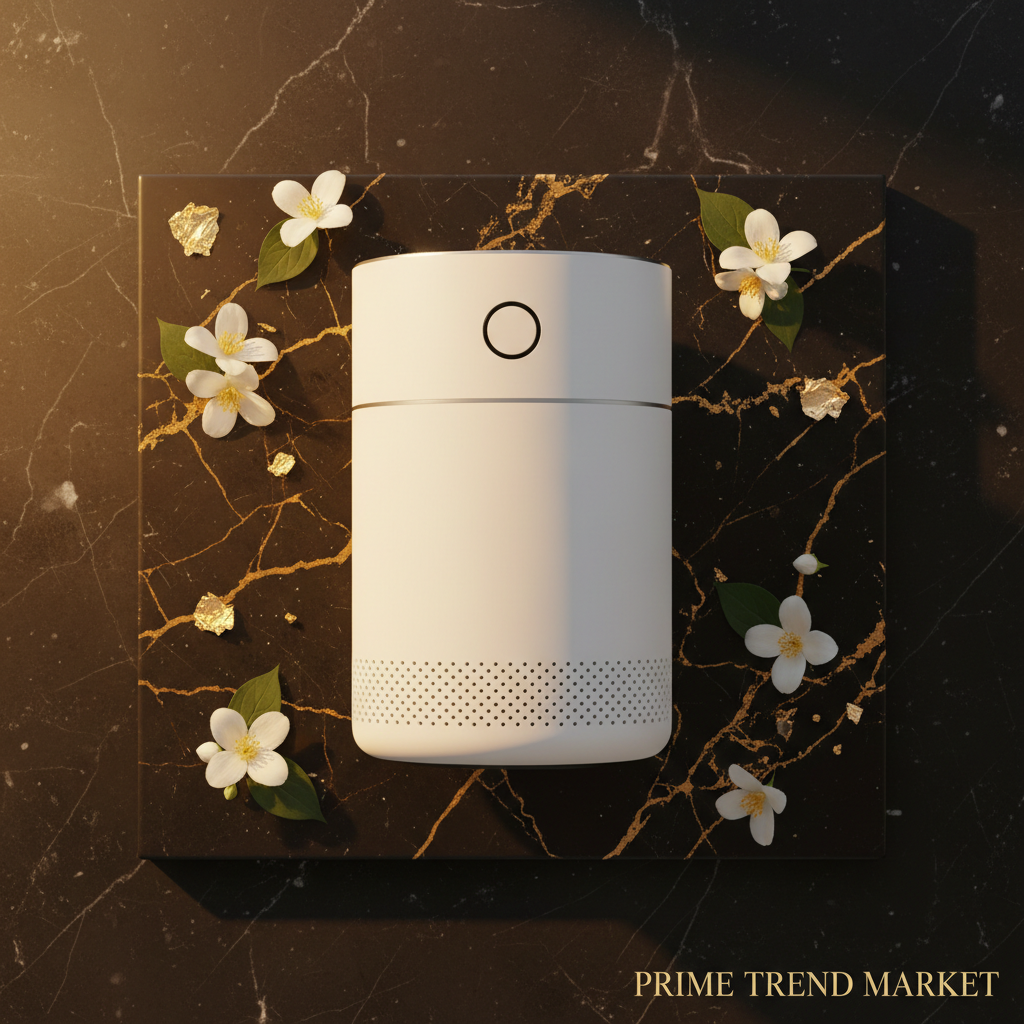 Top-down flat lay of white air purifier on black marble with gold accents - Prime Trend Market