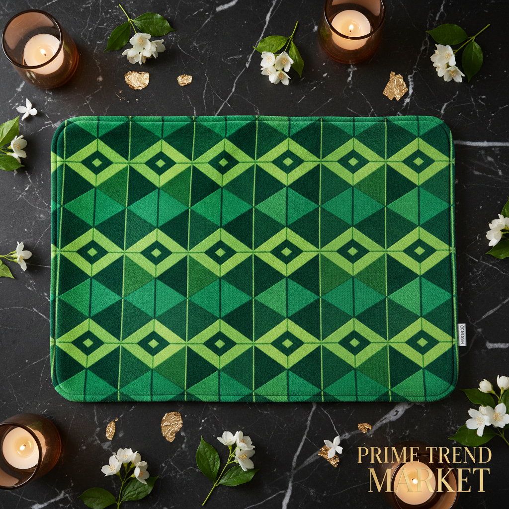 Premium green geometry thick suede pet kennel mat flat lay on dark marble