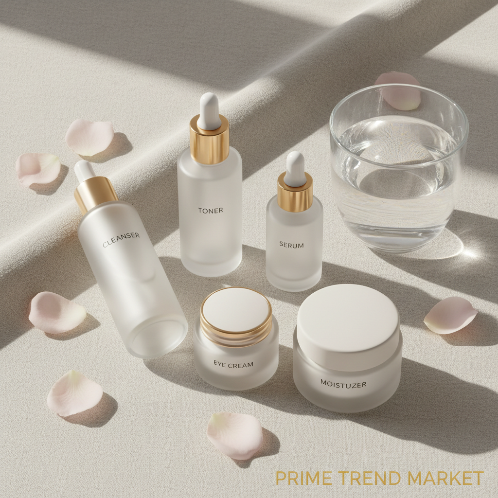 Skincare set on linen surface with rose petals and morning light