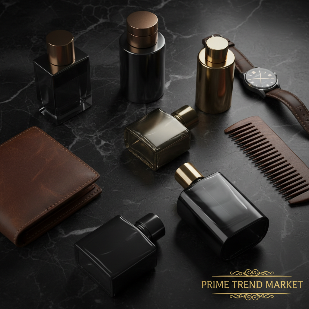 6 cologne bottles on dark marble with leather wallet and watch