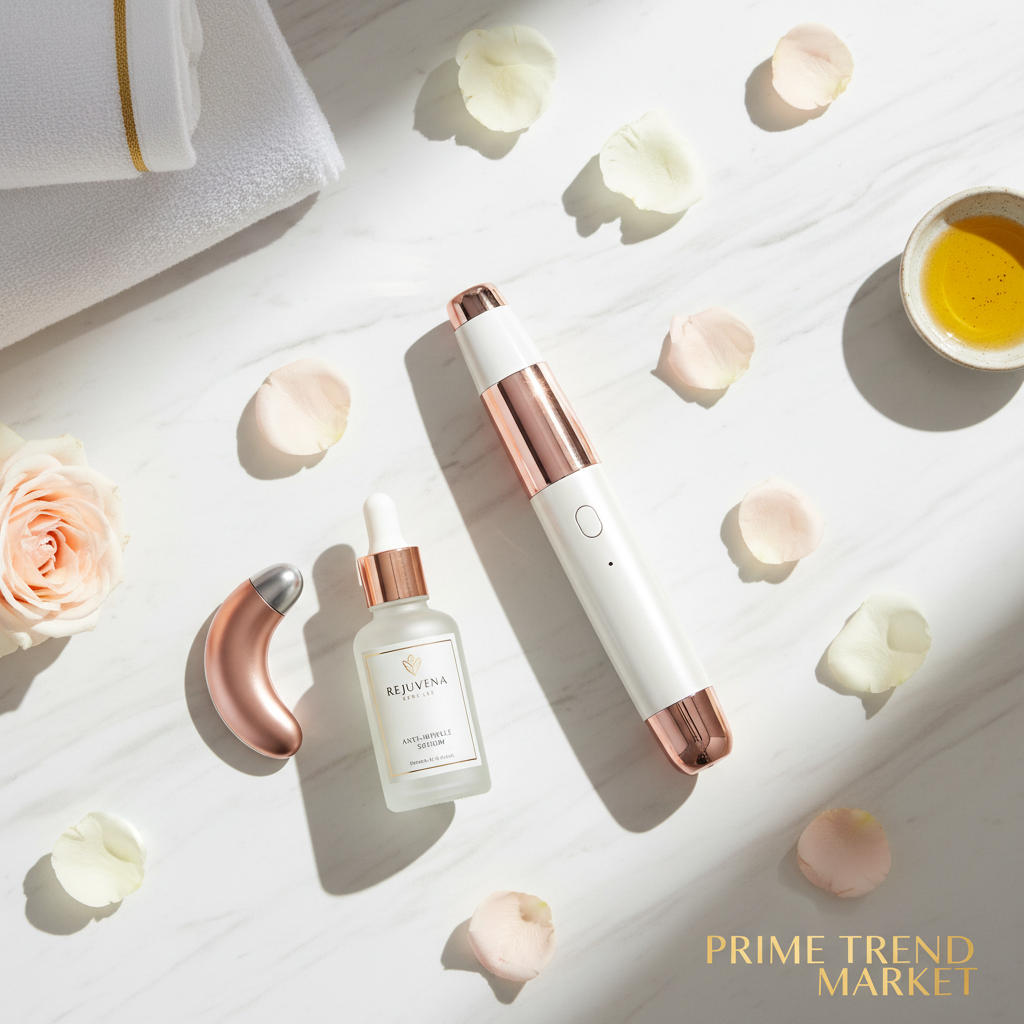 Anti-Aging Power Trio flat lay — EMS Wand, Eye Massager & Serum on marble