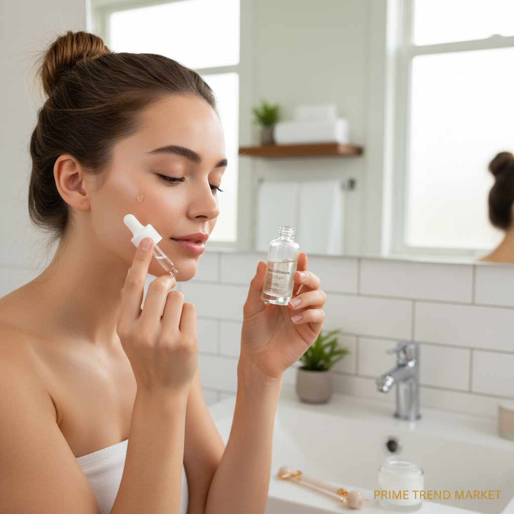 Young woman with glowing clear skin applying niacinamide serum with dropper in bright minimal bathroom