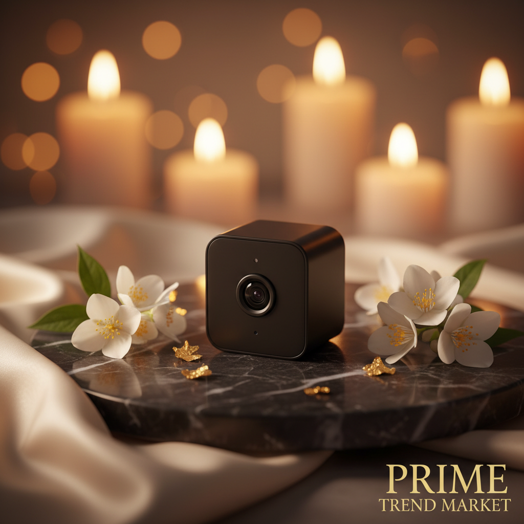 1080P Mini WiFi Hidden Security Camera on black marble with jasmine flowers and gold accents