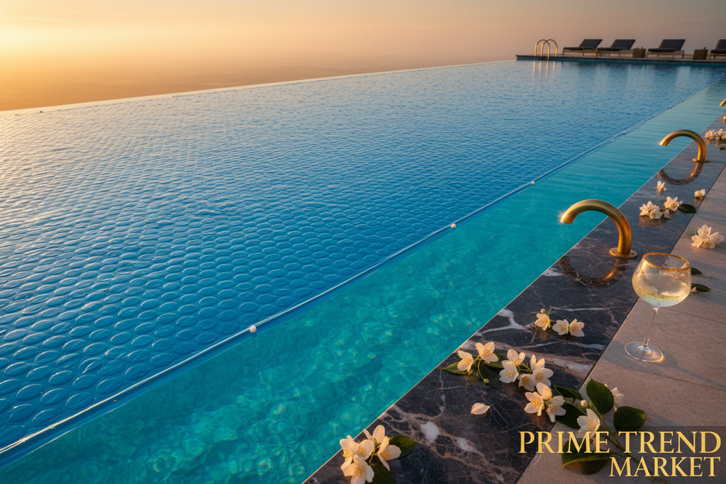 Blue pool insulation solar cover on turquoise infinity pool editorial