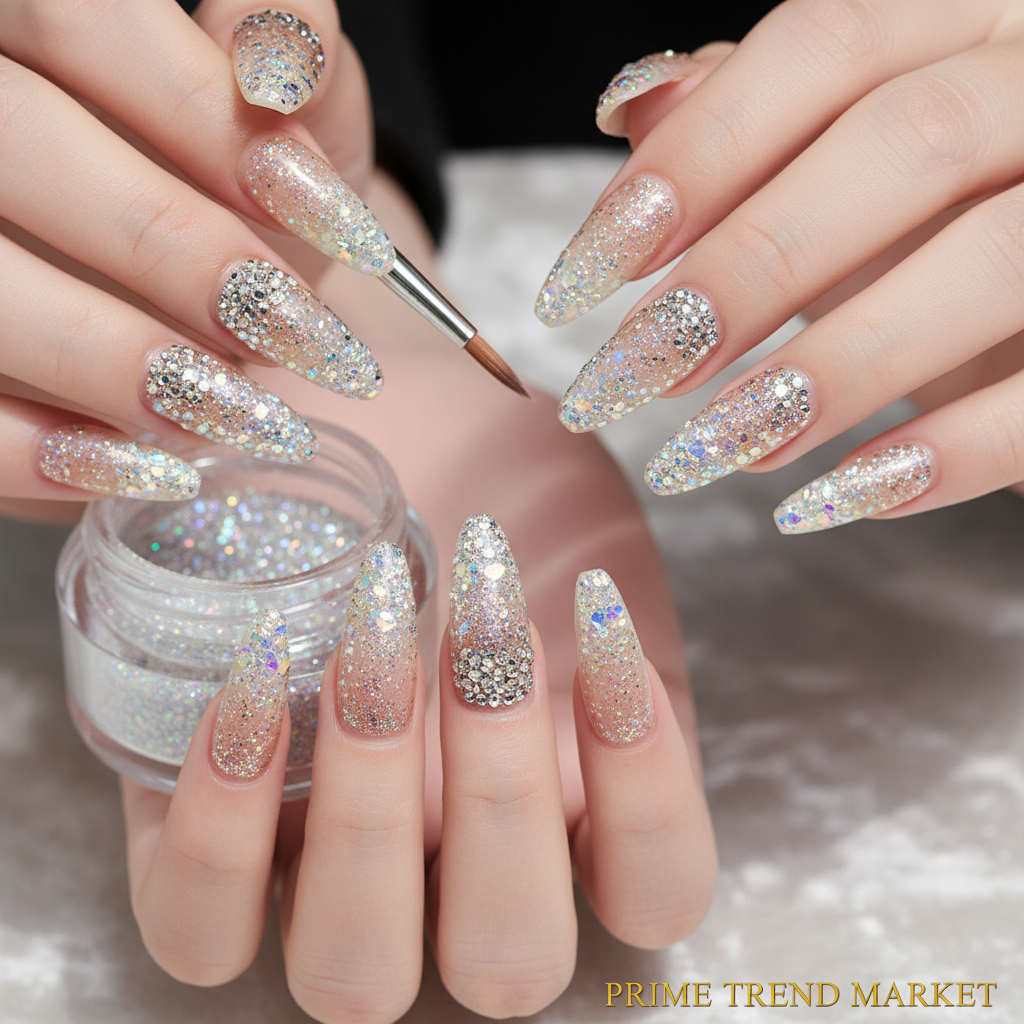 Rhinestone press-on nails close-up