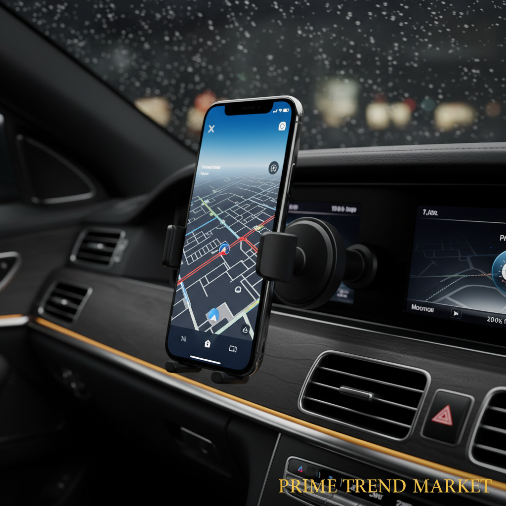Premium Black Magnetic Car Phone Holder on Dashboard with GPS Navigation — Prime Trend Market