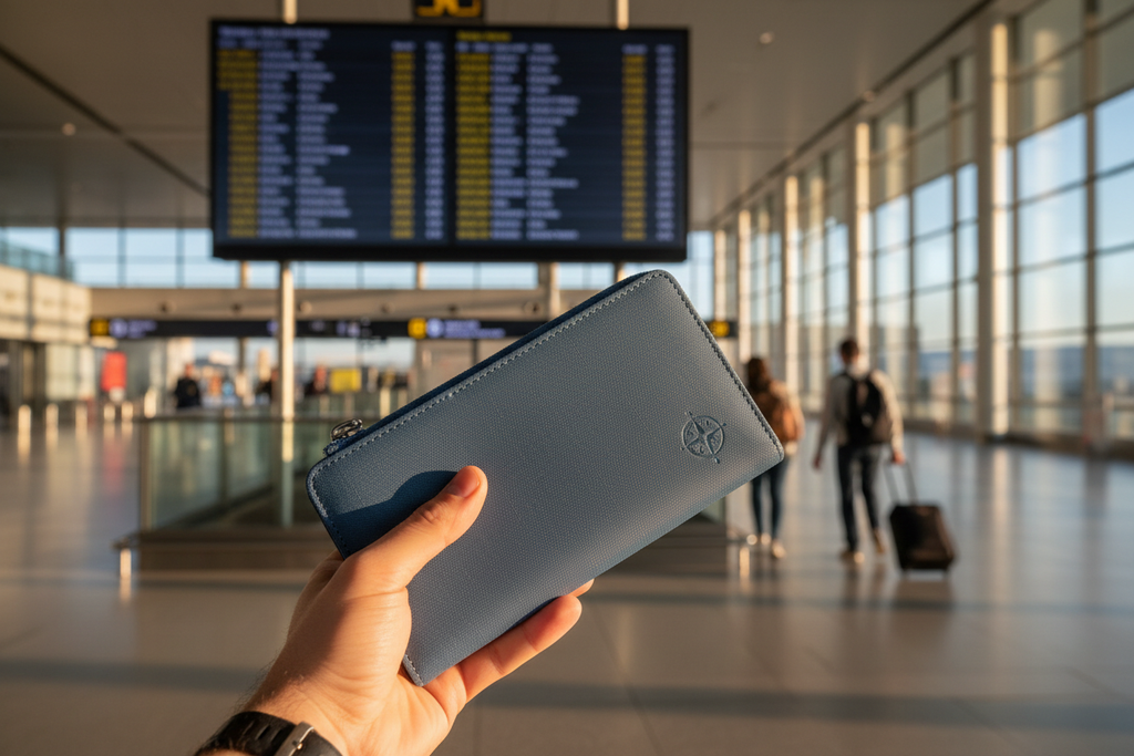 Traveler holding zipper passport wallet at airport terminal