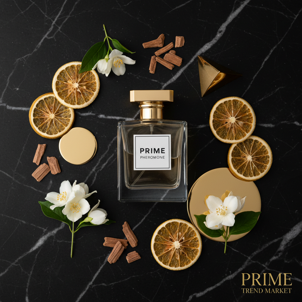 EELHOE Pheromone Perfume flat lay on black marble with bergamot and jasmine - Prime Trend Market