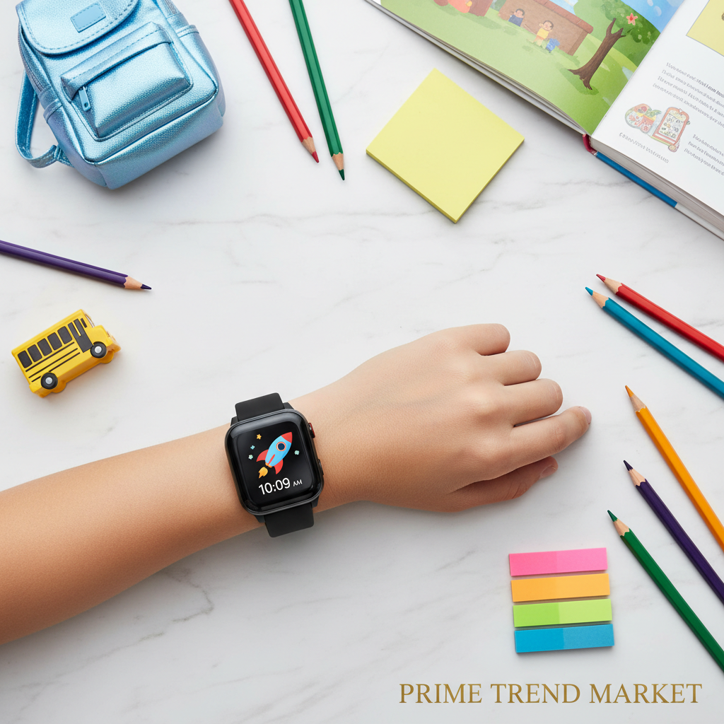 K1 kids smart watch jet black flatlay on white marble with school supplies