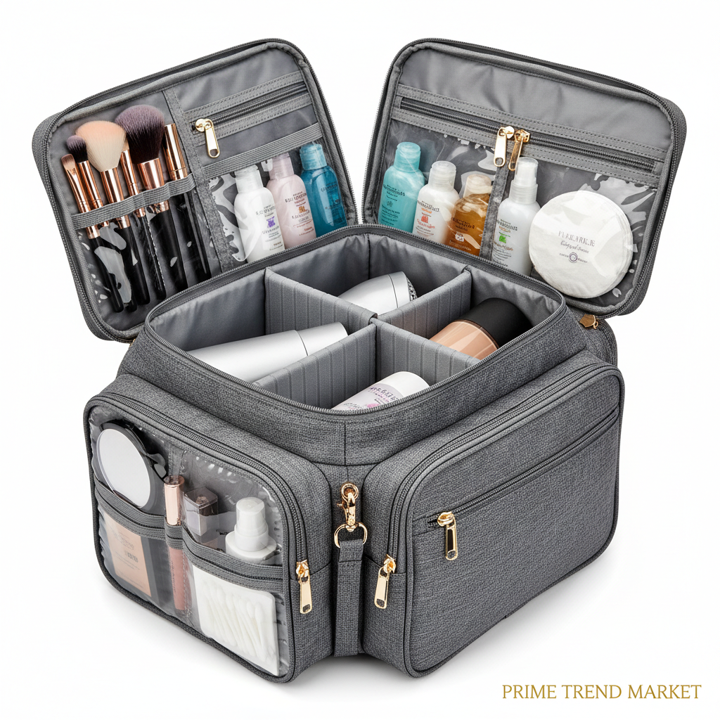 Close-up of large travel cosmetic bag showing multiple inner compartments and mesh pockets