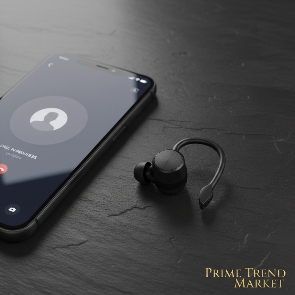 Flat lay of Bluetooth earpiece with active call on smartphone — Prime Trend Market