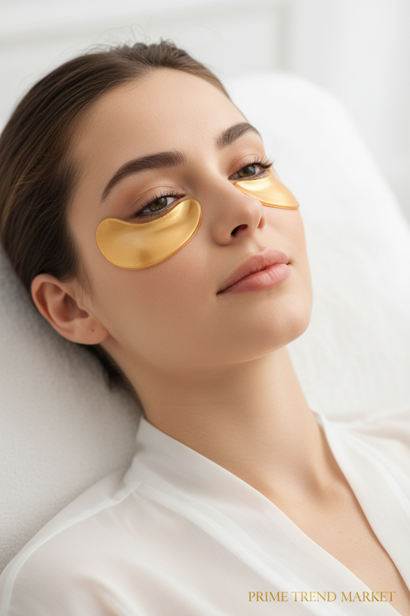 Woman relaxing with 24K gold under-eye masks applied for dark circle treatment — Prime Trend Market