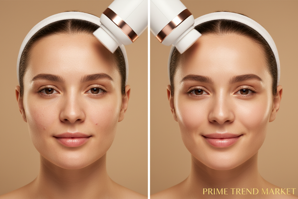 Before and after showing cleaner brighter skin after using facial cleansing spin brush — Prime Trend Market